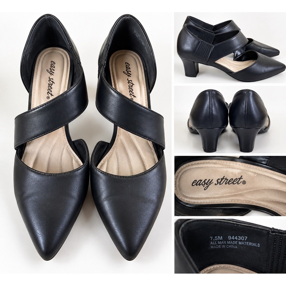 Easy Street Womens 7.5 Black Pointed Toe Criss Cross Strap Low Heel Pumps